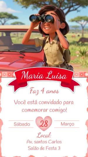 Convite de Aniversário Safari Exploradora 3D Editável