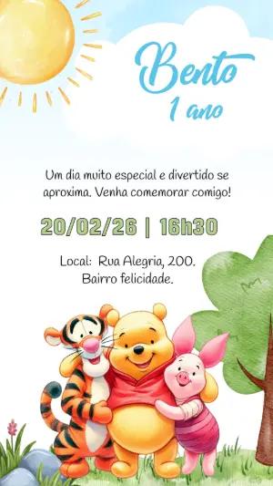 Convite de Aniversário Ursinho Pooh Aquarela Editável