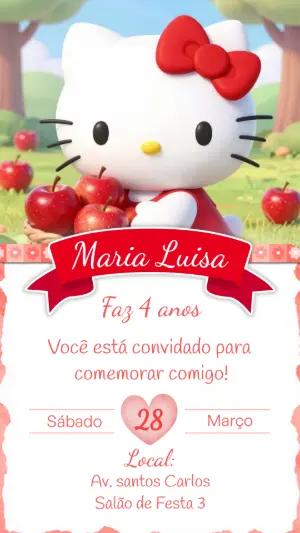 Convite de Aniversário Hello Kitty 3D com Maçãs para Editar
