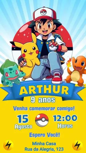Convite de Aniversário Pokémon Colorido para Editar