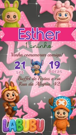 Convite de Aniversário Labubu com Bonecos para Editar Online