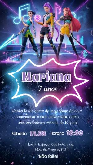 Convite de Aniversário Guerreiras do K-pop para Editar