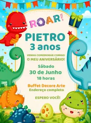 Convite de Aniversário Dinossauro Baby Colorido para Editar