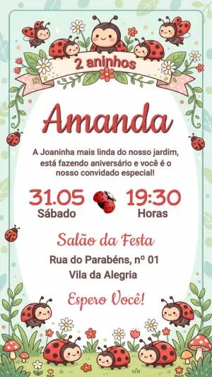 Convite de Aniversário Infantil Joaninha Editável