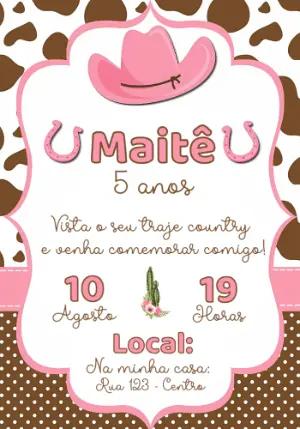 Convite Aniversário Country Boiadeira Rosa para Editar Online