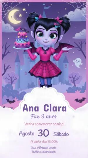 Convite de Aniversário Vampirinha Fofa Roxo Editável