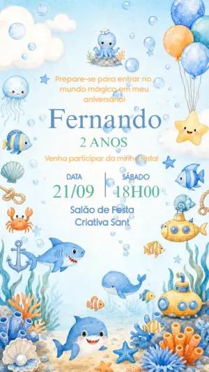 Convite Animado Aniversário Fundo do Mar Aquarela para Editar