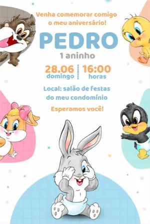 Convite Aniversário Looney Tunes Baby para Editar Online