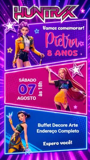 Convite de Aniversário Guerreiras do K-pop Neon para Editar
