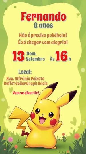 Convite de Aniversário Pokémon com Pikachu para Editar Online