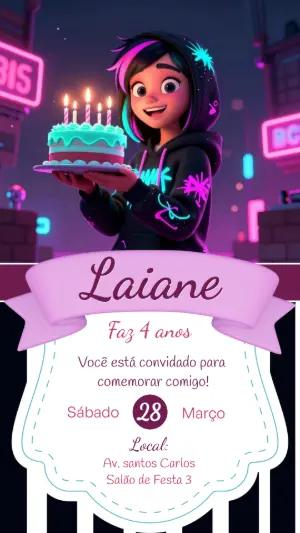 Convite de Aniversário Gamer Menina Neon Editável