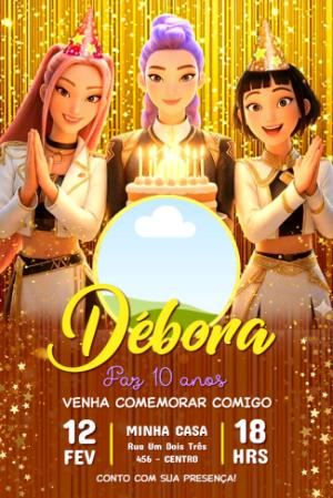 Convite de Aniversário Guerreiras do Kpop com Foto Editável