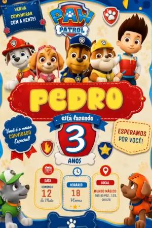 Convite Animado Patrulha Canina: Aniversário Infantil Editável