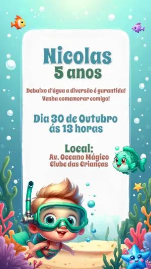Convite Aniversário Fundo do Mar Menino para Editar Online