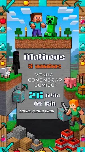 Convite de Aniversário Minecraft Pixelado para Editar