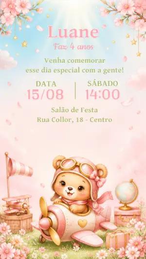 Convite de Aniversário Ursinha Aviadora Editável