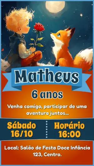 Convite Aniversário Pequeno Príncipe e Raposa Editável Online