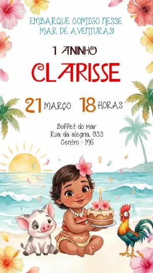 Convite de Aniversário Moana Baby Aquarela Editável