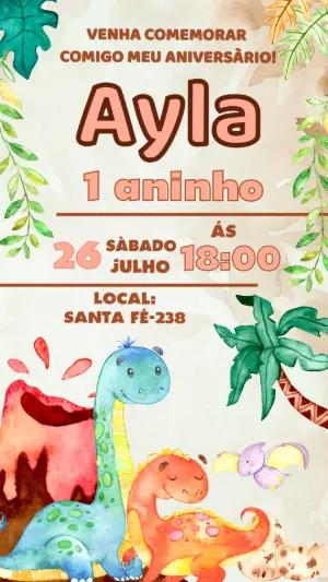 Convite de Aniversário Dinossauros Baby Aquarela para Editar