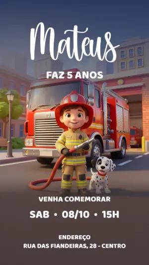 Convite de Aniversário Infantil Bombeiro 3D para Editar