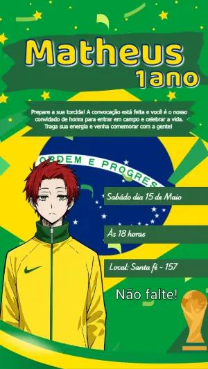 Convite Aniversário Futebol Brasil Anime Modelo Editável