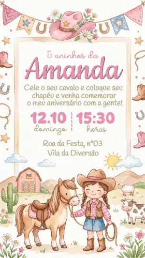 Convite Aniversário Boiadeira Fazendinha Menina Editável