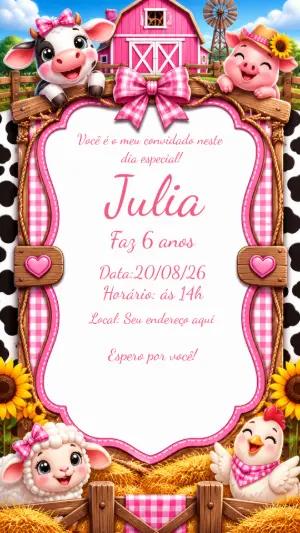 Convite de Aniversário Fazendinha Rosa Editável para Menina