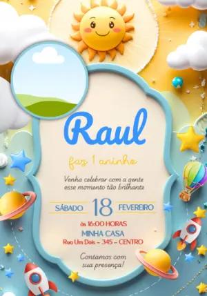 Convite Aniversário Infantil Sol e Espaço para Editar com Foto