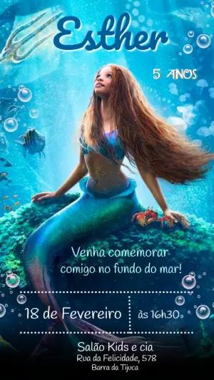 Convite Digital Aniversário Pequena Sereia Fundo do Mar Editável