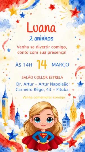 Convite de Aniversário Supergirl Aquarela para Editar