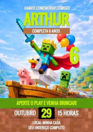 Convite de Aniversário Minecraft Editável para Menino