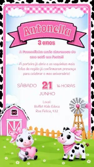 Convite de Aniversário Fazendinha Vaquinha Rosa Editável