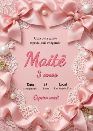 Convite de Aniversário Coquette Rosa com Laços Editável