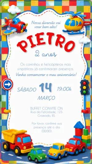 Convite de Aniversário Carrinhos e Aviões Editável para Menino