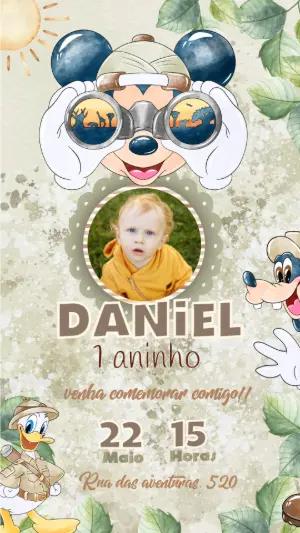 Convite Aniversário Mickey Safari com Foto para Editar Online