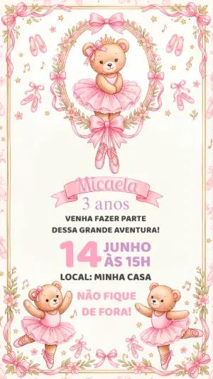 Convite de Aniversário Ursinha Bailarina Editável