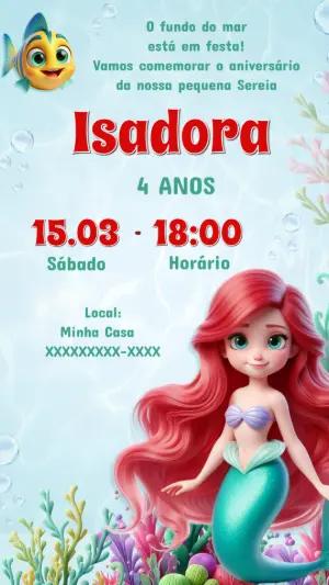 Convite Aniversário Pequena Sereia Ariel para Editar Online