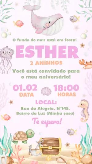 Convite Aniversário Infantil Fundo do Mar Rosa Editável