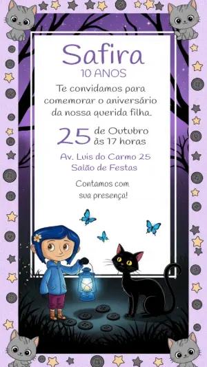 Convite Aniversário Coraline com Personagens para Editar