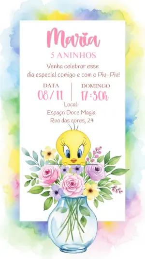 Convite de Aniversário Piu-Piu com Flores para Editar Online