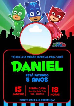 Convite Digital PJ Masks para Aniversário Infantil Editável