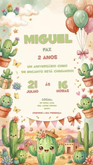Convite de Aniversário Cactos Fofos em Aquarela para Editar