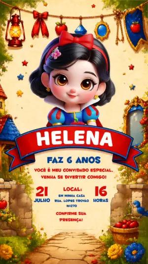 Convite Digital Branca de Neve Fofa para Editar