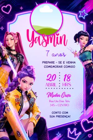 Convite de Aniversário Guerreiras K-Pop Neon Editável com Foto