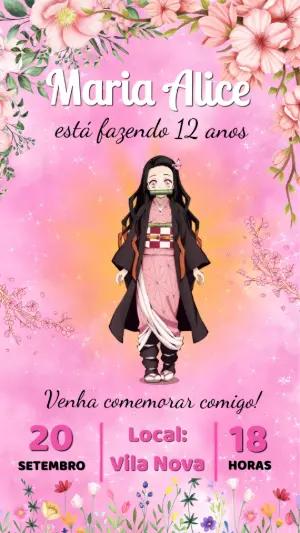 Convite de Aniversário Demon Slayer Nezuko Editável