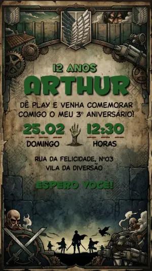 Convite de Aniversário Attack on Titan Editável e Digital