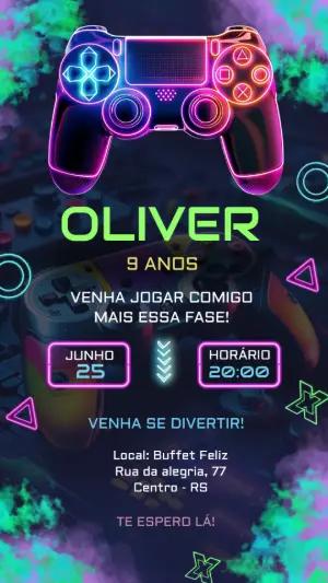Convite Digital Aniversário Gamer Estilo Neon Editável