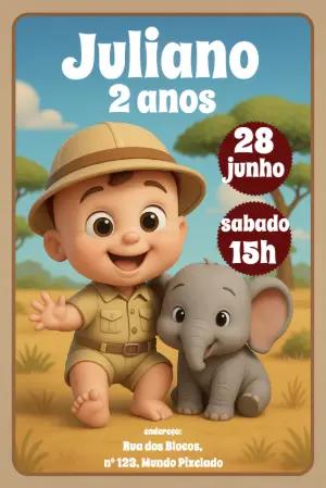 Convite de Aniversário Safari com Animais Fofos para Editar
