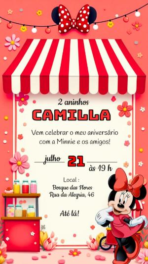 Convite de Aniversário Minnie Vermelha para Editar Online