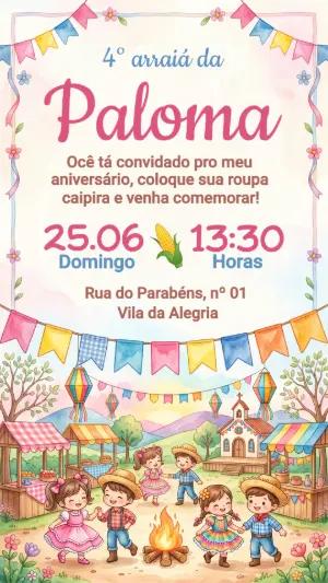 Convite de Aniversário Festa Junina Infantil Aquarela Editável
